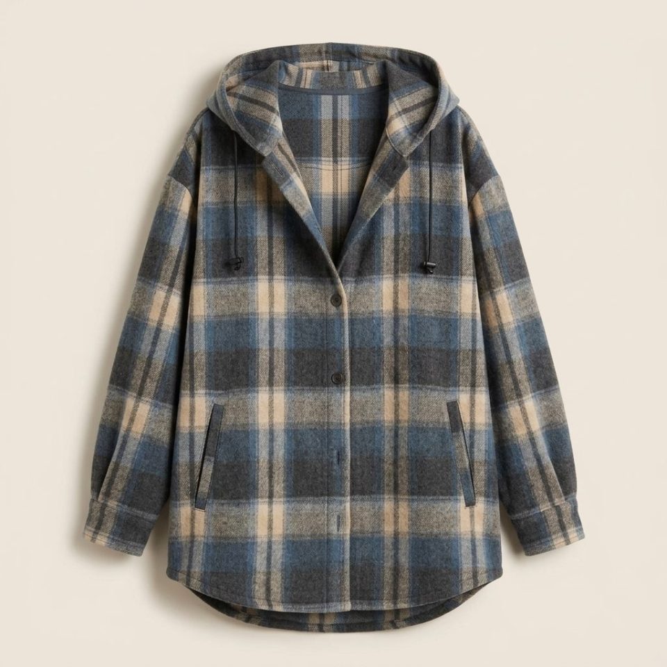 Ghost mannequin display of the shacket in rust and slate blue plaid