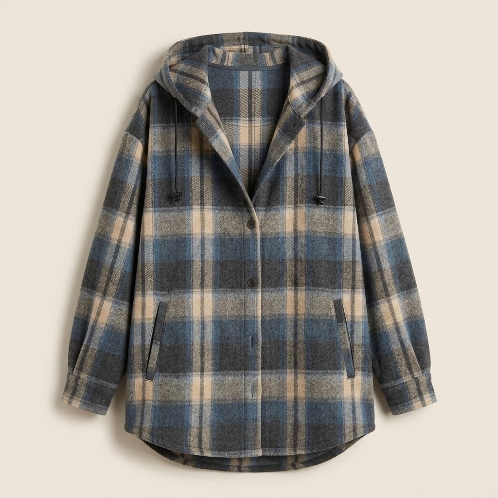 Ghost mannequin view of rust and slate blue plaid Ghost mannequin display of the shacket in rust and slate blue plaid