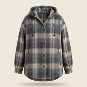 Ghost mannequin display of the shacket in slate blue and oatmeal plaid