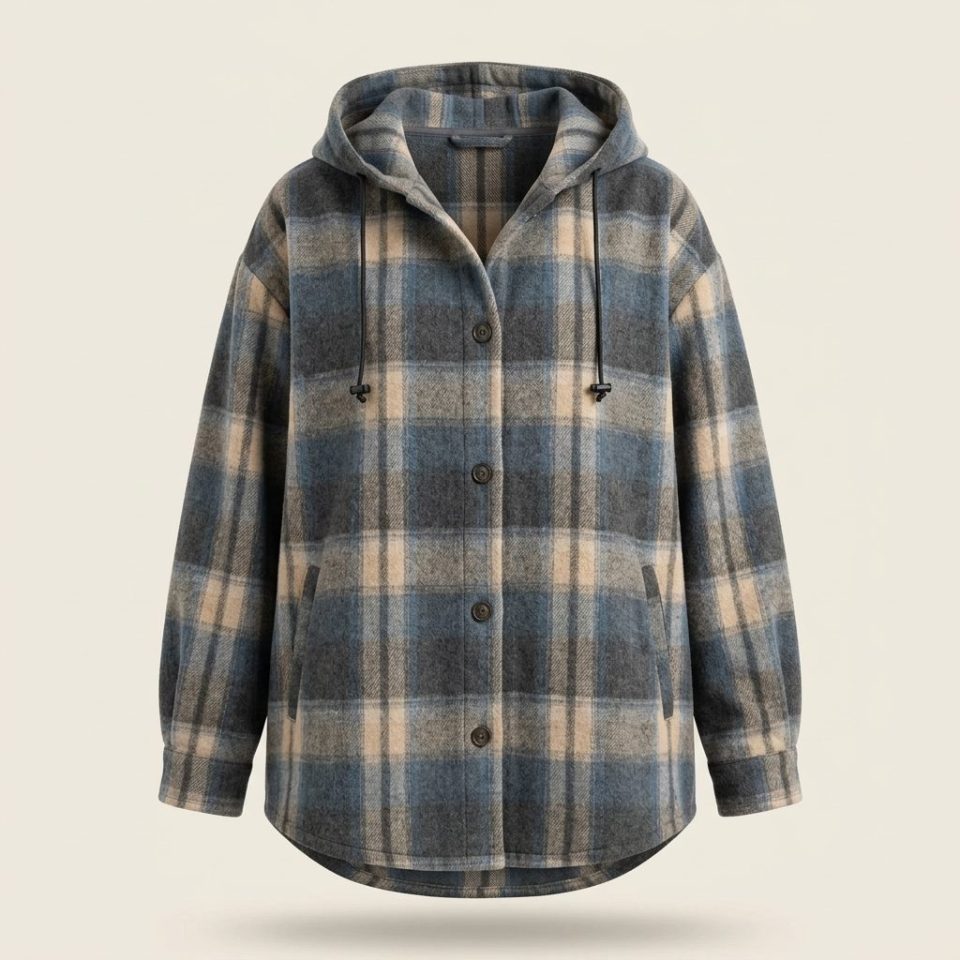Ghost mannequin display of the shacket in slate blue and oatmeal plaid