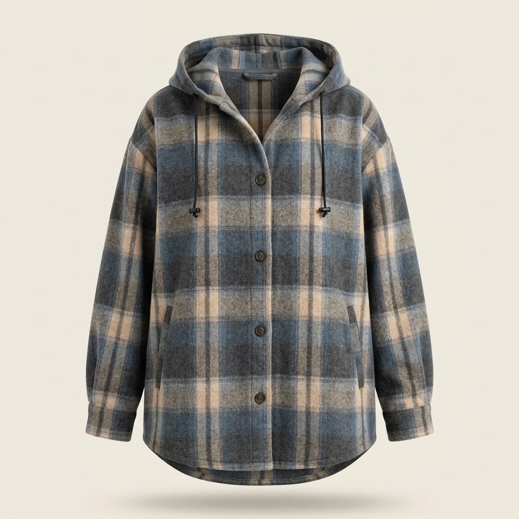 Ghost mannequin view of slate blue and oatmeal plaid Ghost mannequin display of the shacket in slate blue and oatmeal plaid