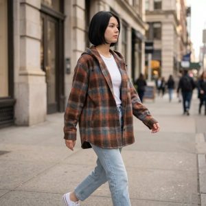 Model walking on New York city streets wearing the rust and slate blue check shacket