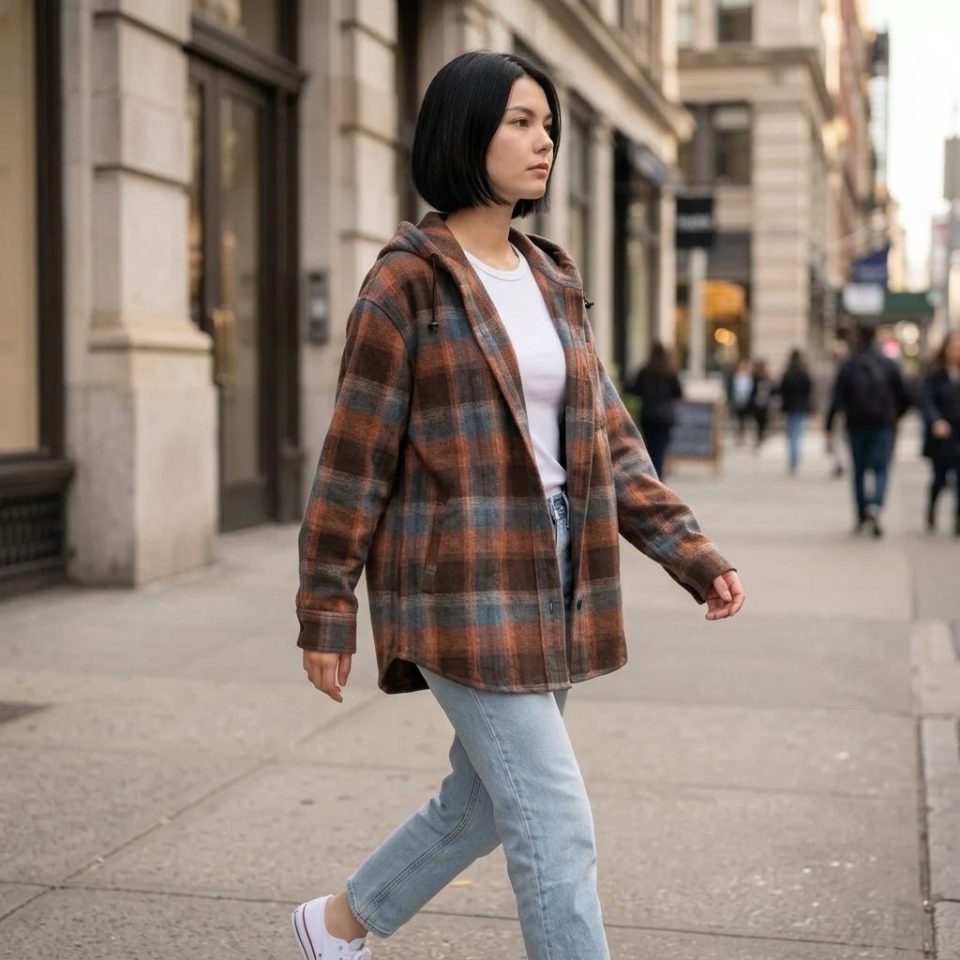 Model walking on New York city streets wearing the rust and slate blue check shacket