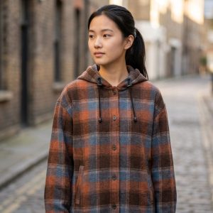 Close-up of the front placket, side welt pocket, and brushed flannel texture