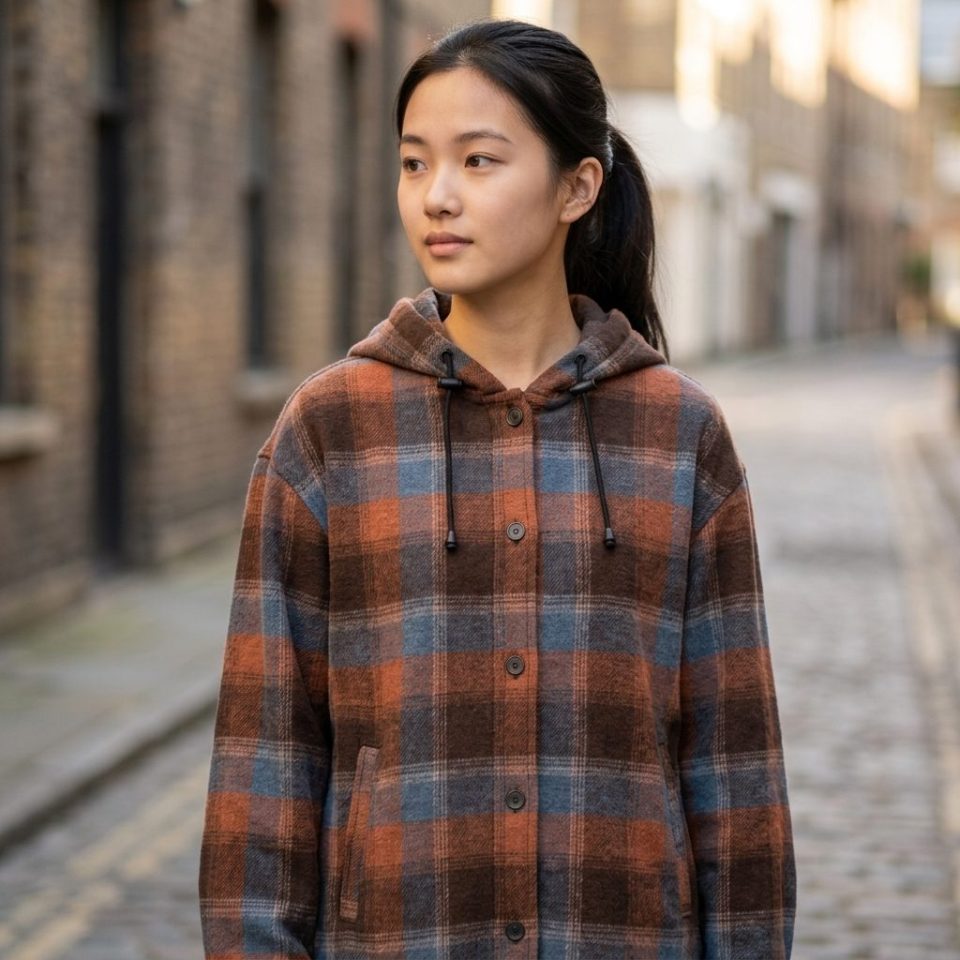 Close-up of the front placket, side welt pocket, and brushed flannel texture