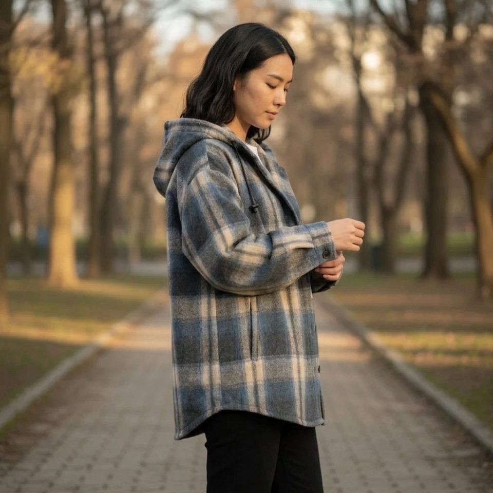 Side view of model standing outdoors with hands near the pleated barrel cuffs