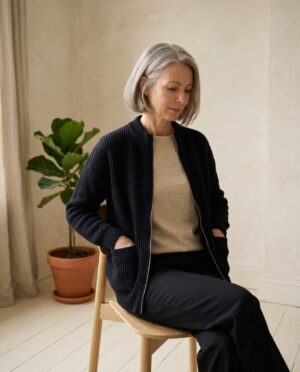 Ribbed Full-Zip Knit Cardigan, worn at home