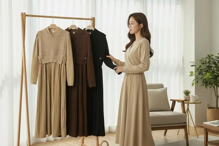Woman beside a clothing rail of knitwear, coats and dresses