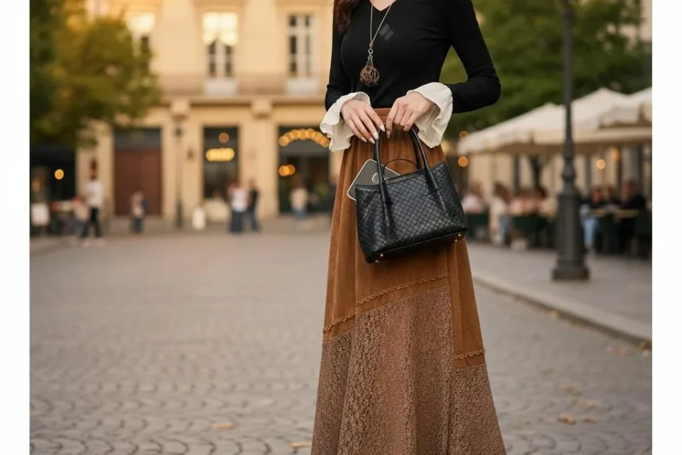 Woman in a brown check midi skirt and boots walking a cobbled street