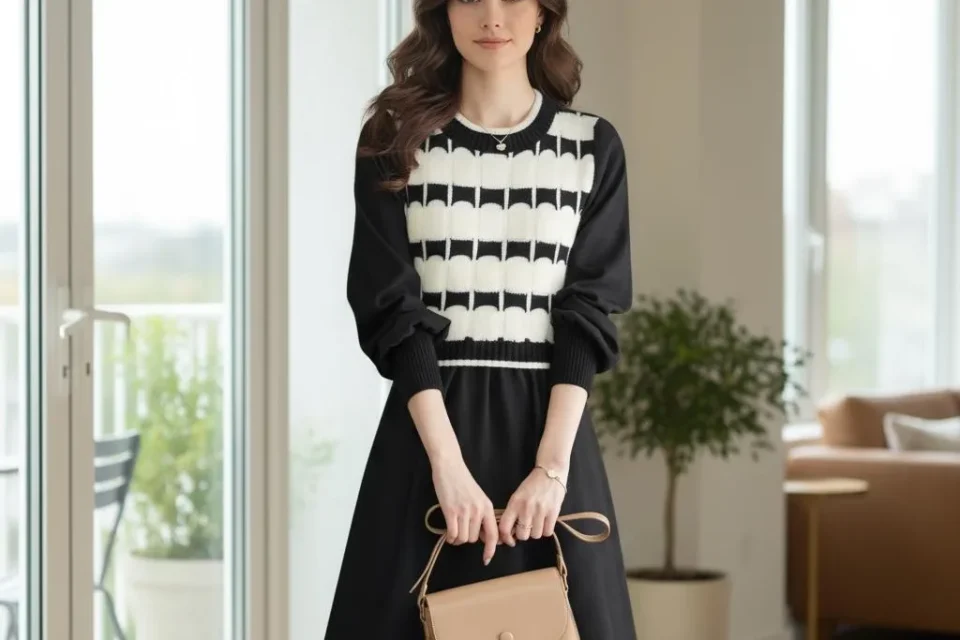 Woman in a black and cream tweed dress holding a shoulder bag
