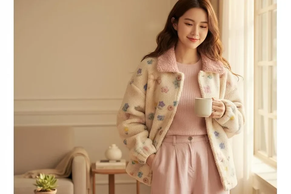 Woman in a pink and cream faux fur jacket holding a cup by a window
