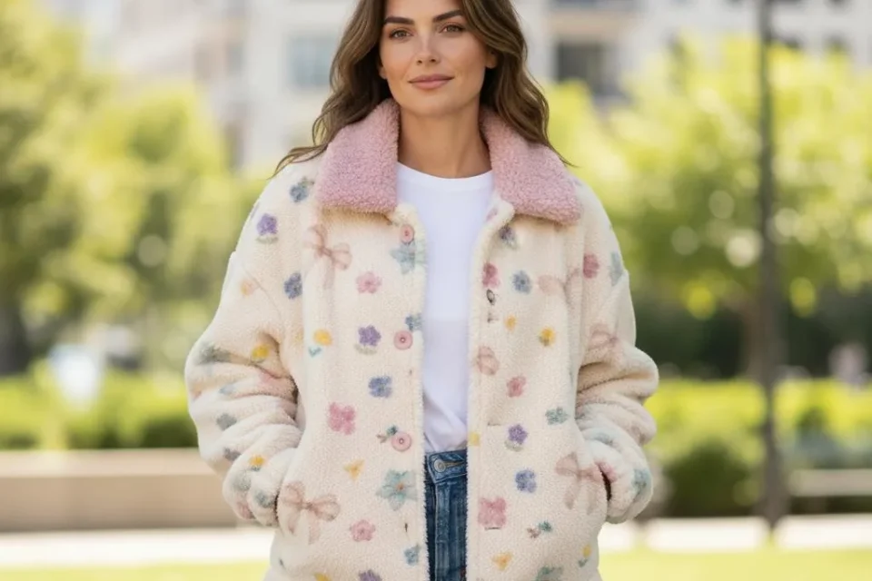 Woman in a cream floral-trim faux fur jacket and jeans outdoors