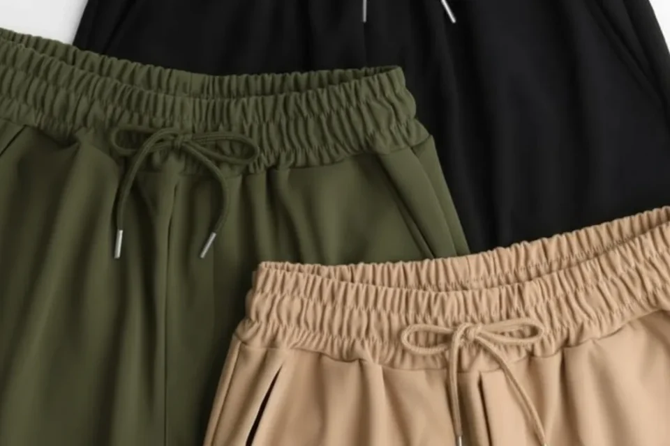 Close-up of three drawstring waistbands in olive, sand and black