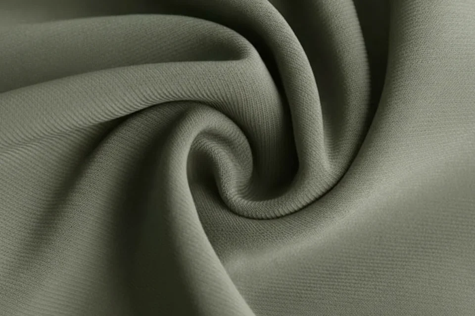 A close-up of olive brushed jersey folded into a swirl