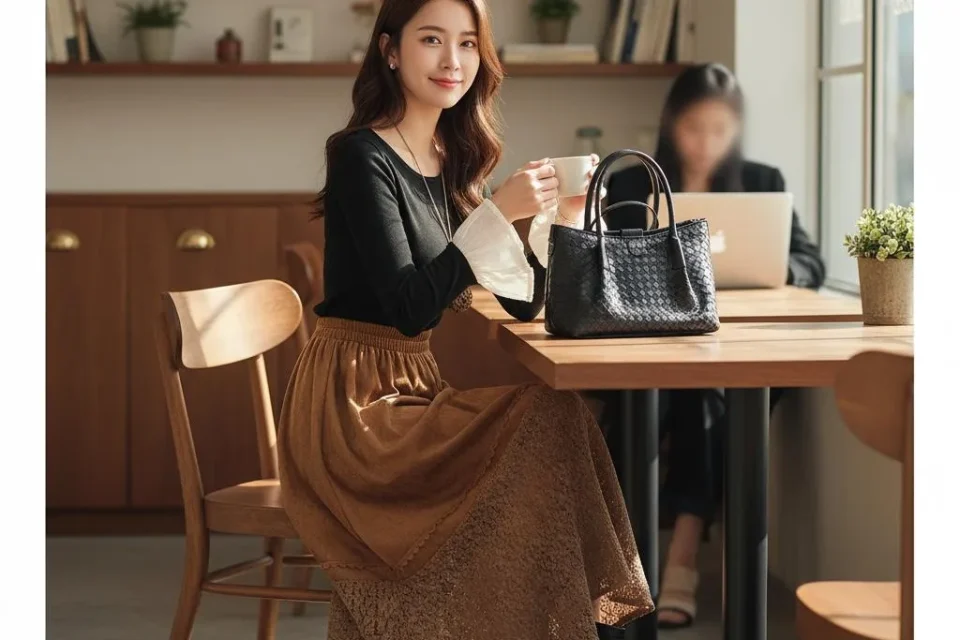 Woman in a black knit and brown lace midi skirt seated at a cafe table