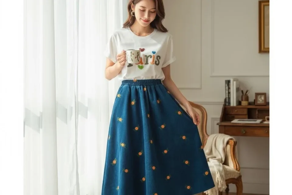 Woman in a blue embroidered midi skirt standing in a bright room