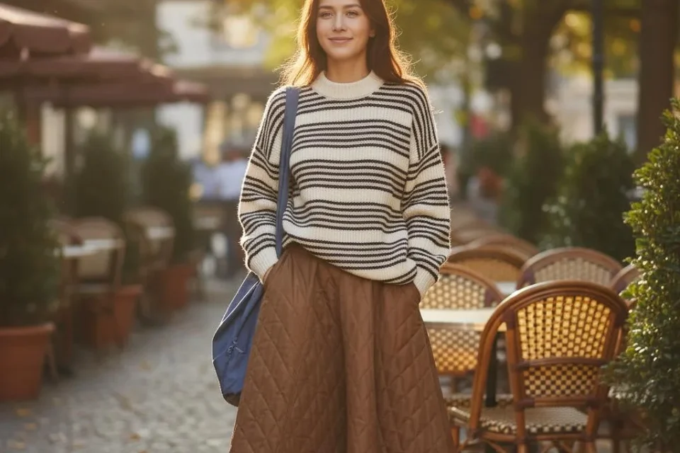Woman in a quilted brown midi skirt walking past a pavement cafe