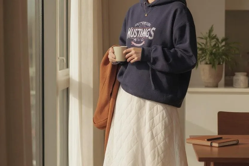 Woman in a navy hooded sweatshirt and cream midi skirt by a sunlit window