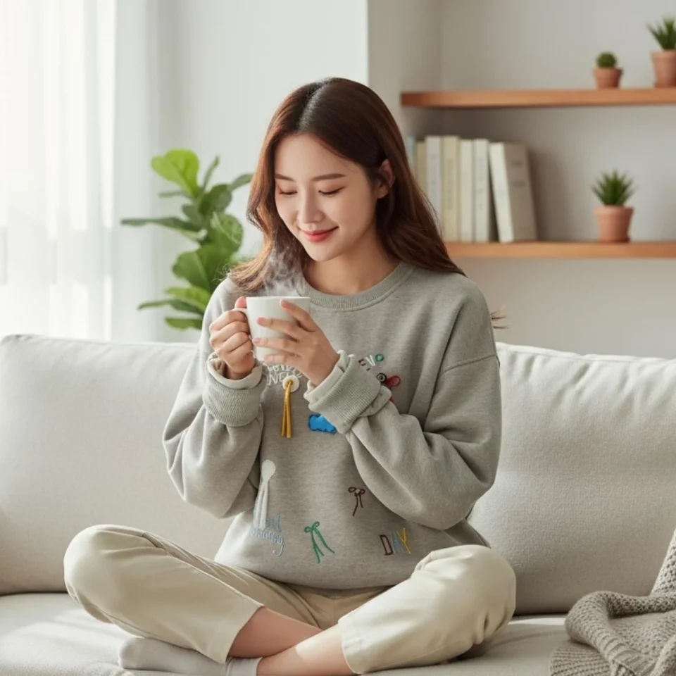 Woman in a grey sweatshirt holding a mug on a sofa