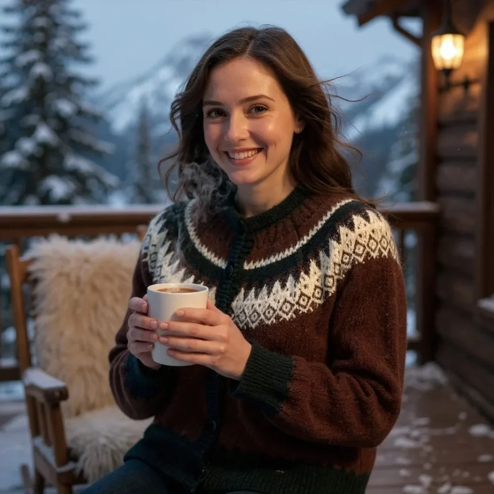 Woman in a cream Fair Isle knit cardigan holding a mug by a snowy window