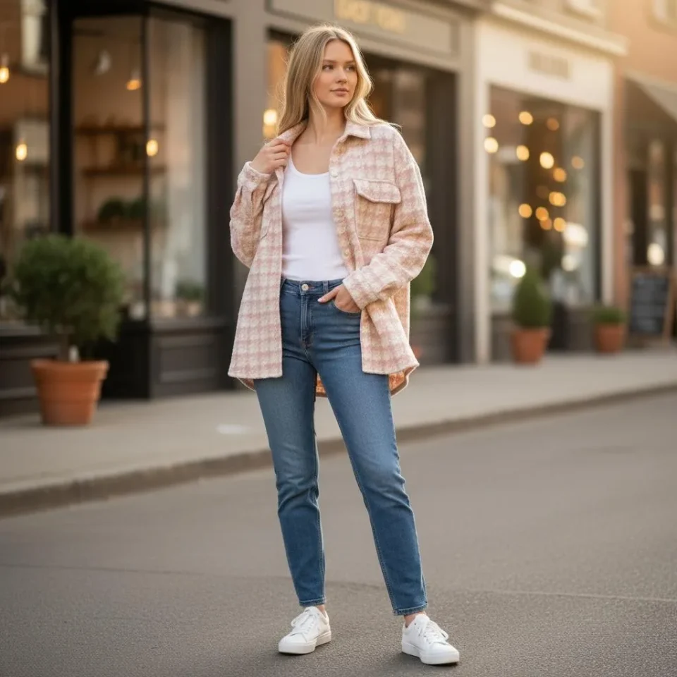 Woman wearing an open pink check shacket over a white tee and jeans