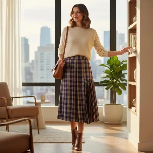 Asymmetrical Tartan Pleated Midi Skirt — A violet, oat and honey tartan midi with an accordion-pleated panel down one si