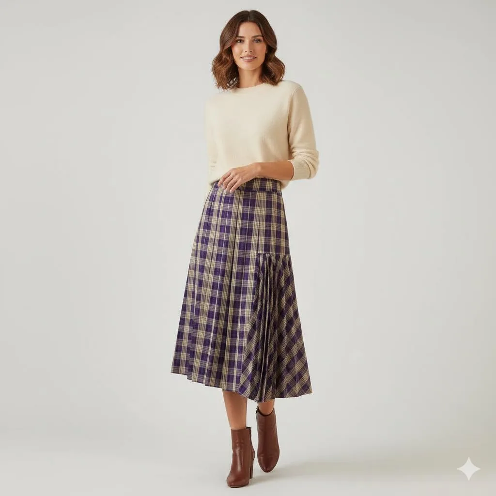 Asymmetrical Tartan Pleated Midi Skirt Asymmetrical Tartan Pleated Midi Skirt — A violet, oat and honey tartan midi with an accordion-pleated panel down one si