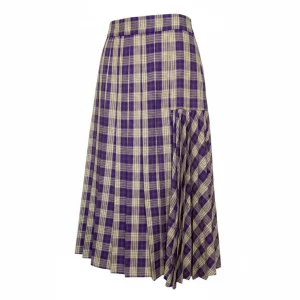 Asymmetrical Tartan Pleated Midi Skirt — A violet, oat and honey tartan midi with an accordion-pleated panel down one si