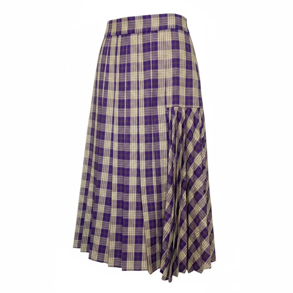 Asymmetrical Tartan Pleated Midi Skirt Asymmetrical Tartan Pleated Midi Skirt — A violet, oat and honey tartan midi with an accordion-pleated panel down one si