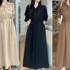 Belted Shirt Dress — A long shirt dress with a self-tie belt and a full skirt. Cream, black, taupe or grey.