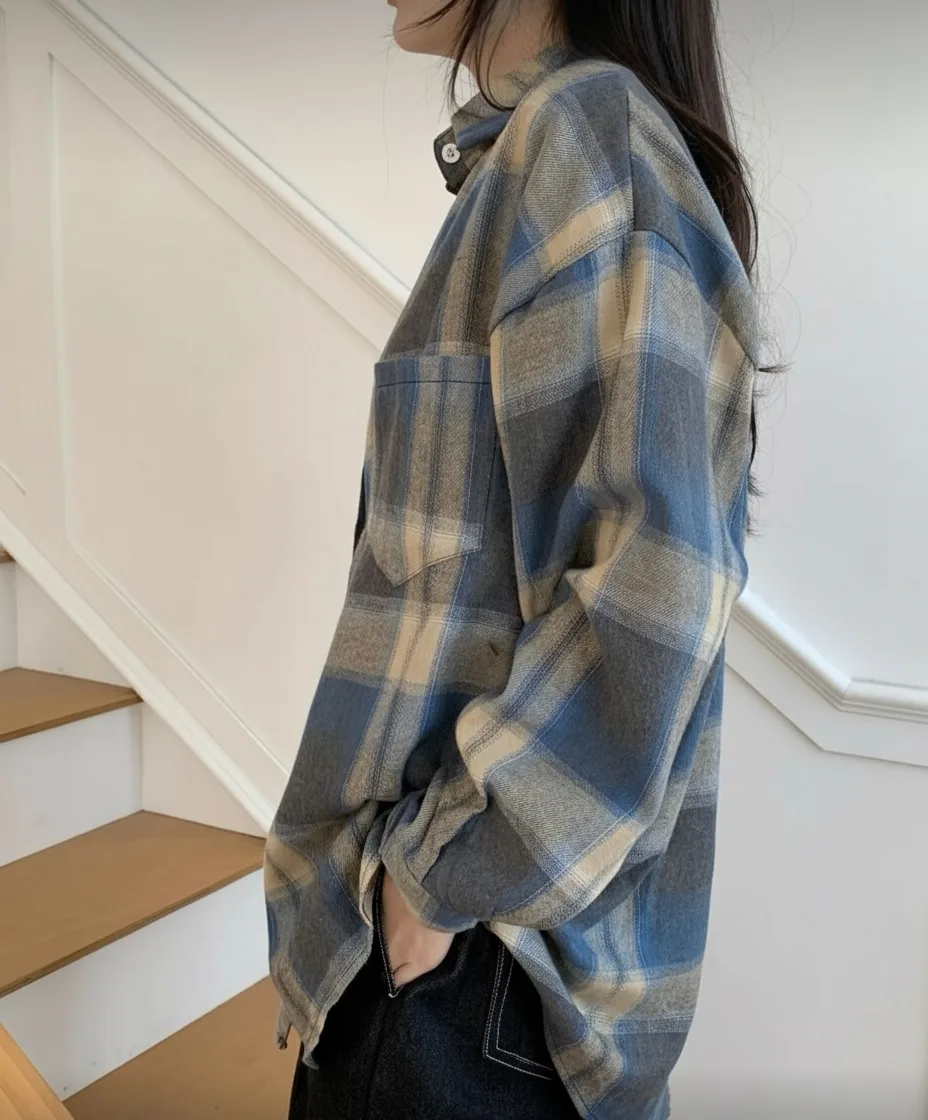 Oversized Brushed Flannel Shirt — A soft brushed flannel in oversized plaid, with button cuffs and a chest pocket. Chest