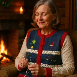 Embroidered Fair Isle Knit Vest — A button-front Fair Isle knit vest with embroidered houses, wreaths and flowers, in of