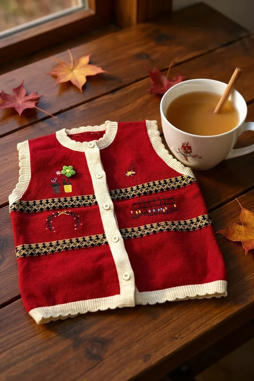 Embroidered Fair Isle Knit Vest — A button-front Fair Isle knit vest with embroidered houses, wreaths and flowers, in of