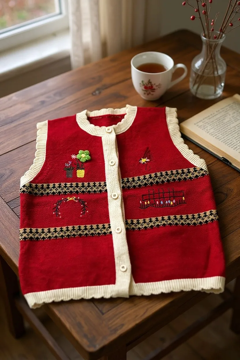Embroidered Fair Isle Knit Vest Embroidered Fair Isle Knit Vest — A button-front Fair Isle knit vest with embroidered houses, wreaths and flowers, in of