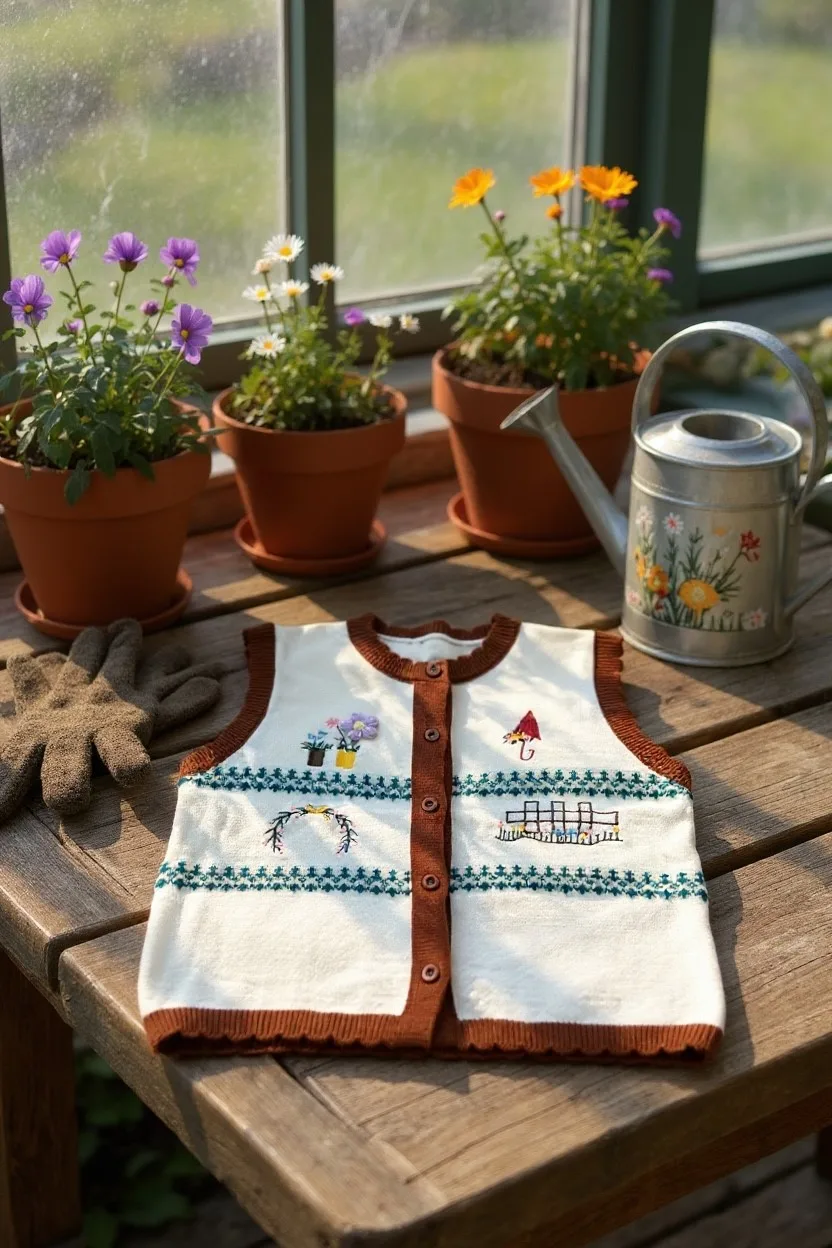 Embroidered Fair Isle Knit Vest Embroidered Fair Isle Knit Vest — A button-front Fair Isle knit vest with embroidered houses, wreaths and flowers, in of
