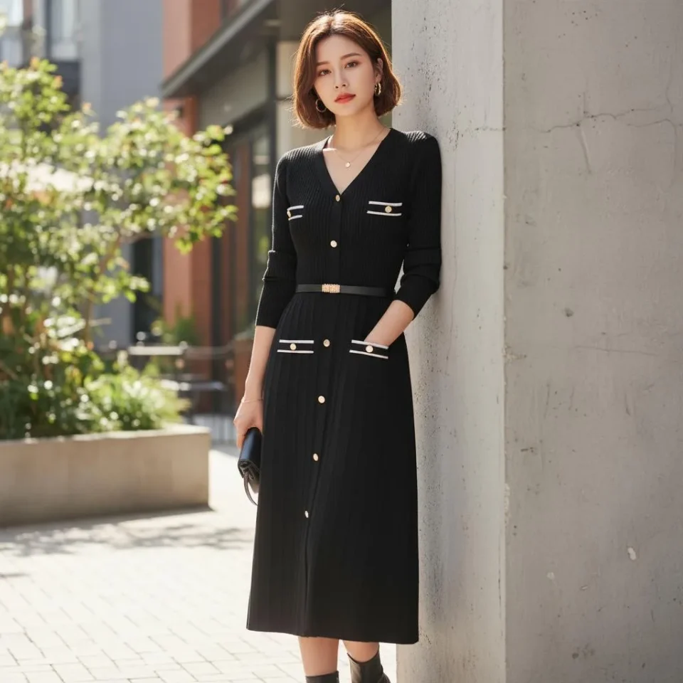 Belted Ribbed Knit A-Line Midi Dress — A black button-front knit midi with a buckled belt, gold buttons and white-trimme