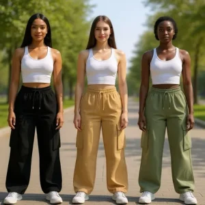Wide-Leg Cargo Trousers — Soft wide-leg cargos with flap pockets and a drawstring elastic waist. Three sizes covering a 