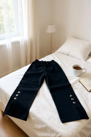 Wide-Leg Knit Trousers with Button Slits — Soft knit wide-leg trousers with side slits and three contrast buttons at the