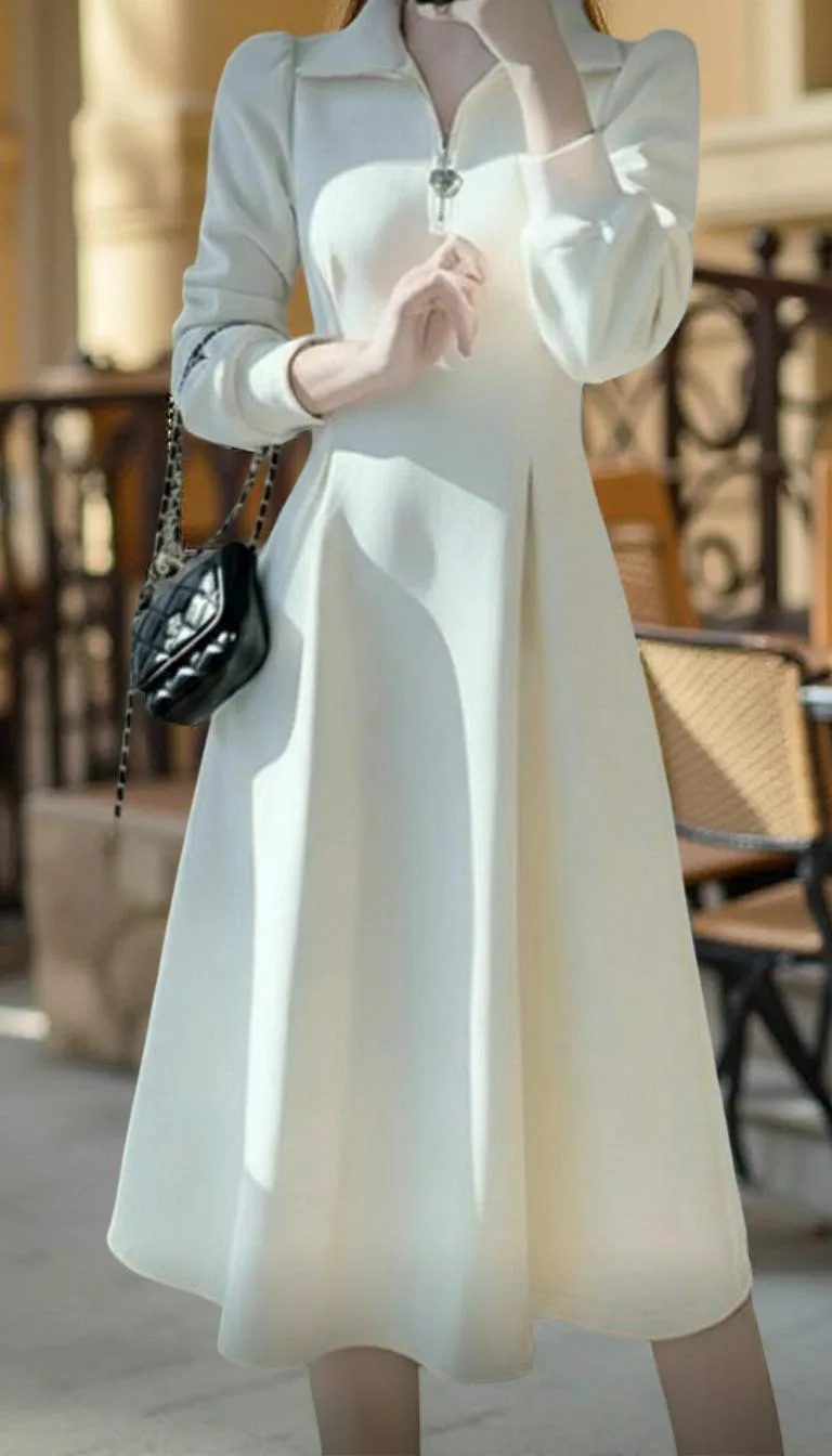 Quarter-Zip Midi Dress with Heart Pull — A collared midi with a quarter-zip front and a small heart for a zip pull. Ivor