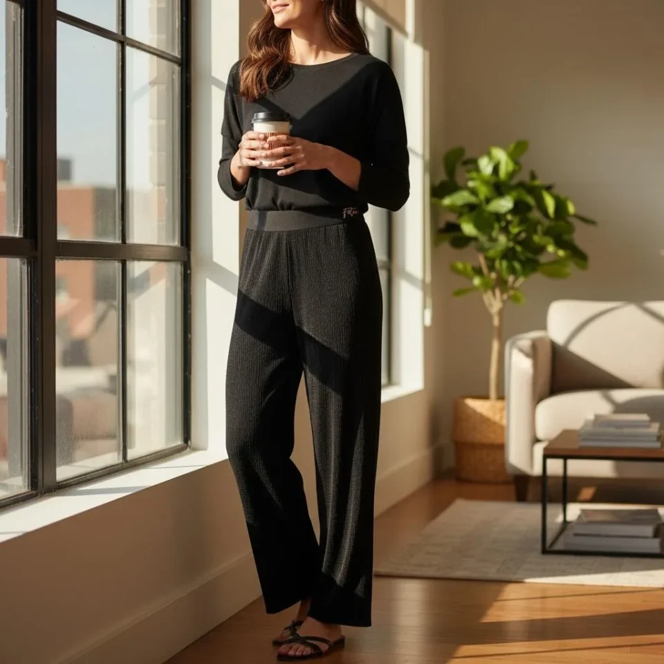 Ribbed Wide-Leg Lounge Trousers — Soft ribbed knit wide-leg trousers in black. Elastic waist to 32 inches, inseam 28.5,
