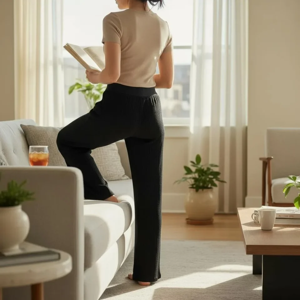 Ribbed Wide-Leg Lounge Trousers — Soft ribbed knit wide-leg trousers in black. Elastic waist to 32 inches, inseam 28.5,