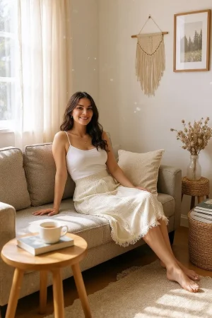 Ribbed Knit Maxi Skirt — A soft ribbed knit maxi with a wide elastic waist. Waist 26–36 inches, length 31 inches. Cream 