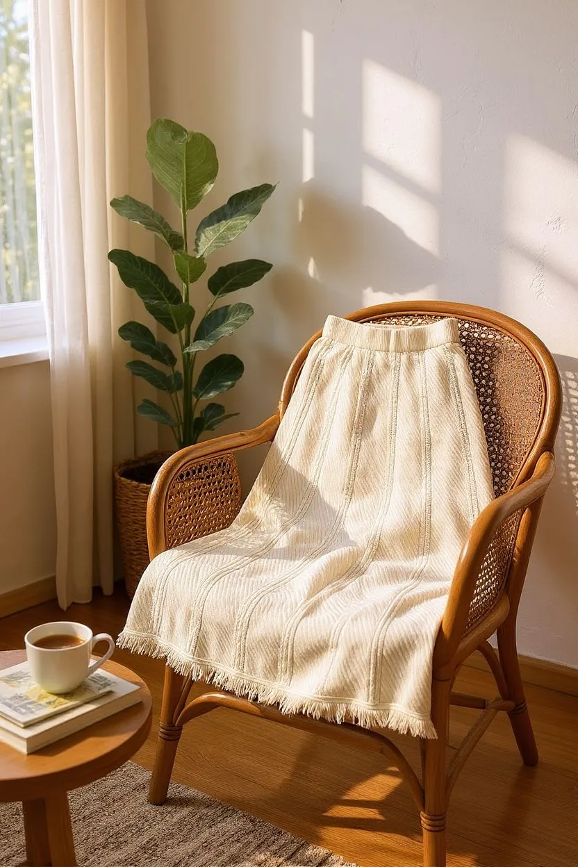 Ribbed Knit Maxi Skirt — A soft ribbed knit maxi with a wide elastic waist. Waist 26–36 inches, length 31 inches. Cream