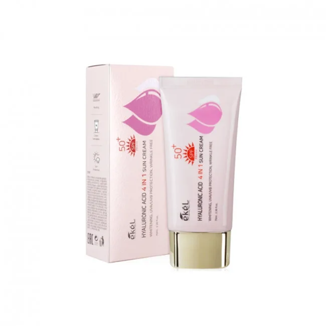 EKEL Hyaluronic Acid 4-in-1 Sun Cream SPF50+ PA+++ — A transparent SPF50+ PA+++ sun cream with hyaluronic acid, doubling