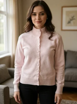 Button-Front Mock Neck Sweater — A fine-gauge knit with a ribbed mock neck and buttons running the whole way up. Chest 4