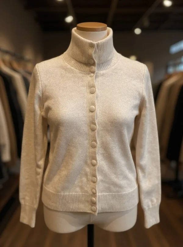 Button-Front Mock Neck Sweater Button-Front Mock Neck Sweater — A fine-gauge knit with a ribbed mock neck and buttons running the whole way up. Chest 4