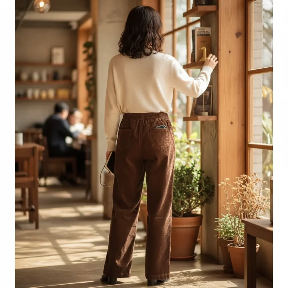 Fleece-Lined High-Rise Corduroy Trousers — Deep brown corduroy trousers, fleece-lined, with a high rise and a straight l