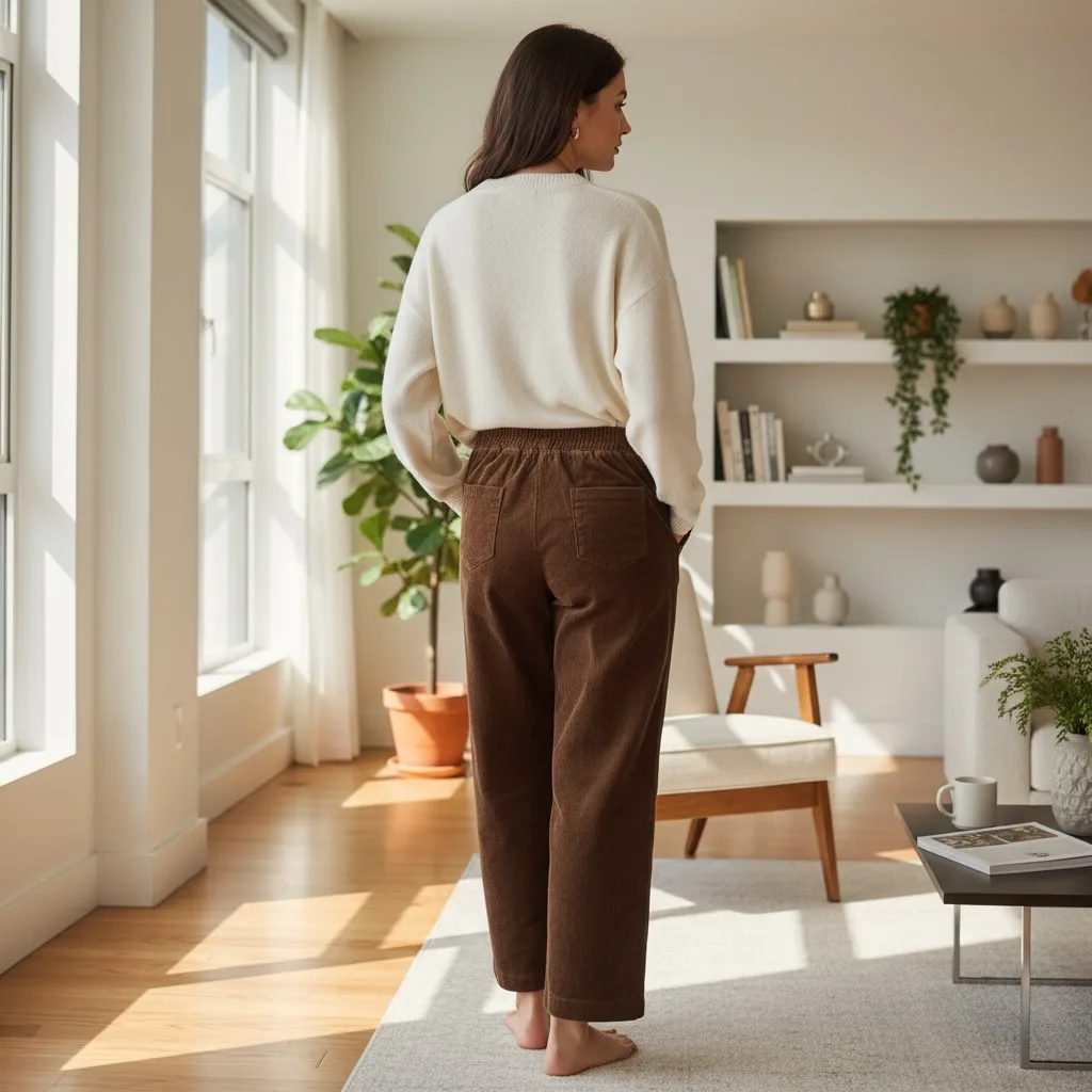 Fleece-Lined High-Rise Corduroy Trousers Fleece-Lined High-Rise Corduroy Trousers — Deep brown corduroy trousers, fleece-lined, with a high rise and a straight l