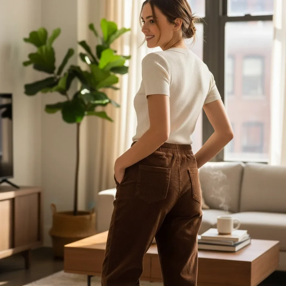 Fleece-Lined High-Rise Corduroy Trousers — Deep brown corduroy trousers, fleece-lined, with a high rise and a straight l