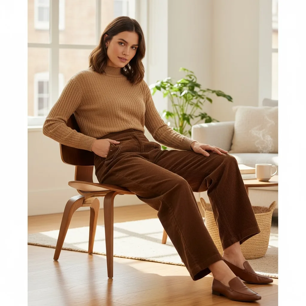 Fleece-Lined High-Rise Corduroy Trousers Fleece-Lined High-Rise Corduroy Trousers — Deep brown corduroy trousers, fleece-lined, with a high rise and a straight l
